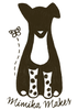 A stylized black-and-white dog illustration with a butterfly and the words 'Mimika Maker' on a plain white background.